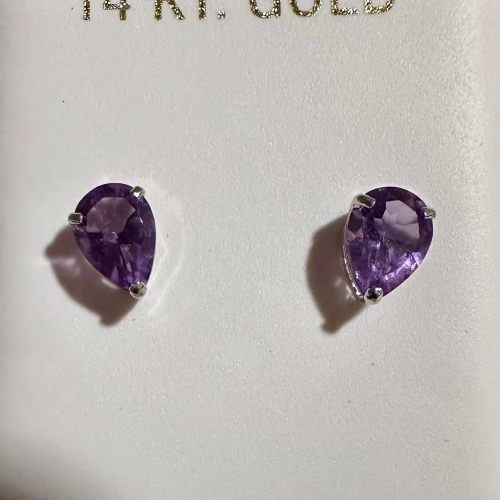 14k solid white gold & 1.94 carats Pear Shaped genuine amethyst earrings - Picture 3 of 12